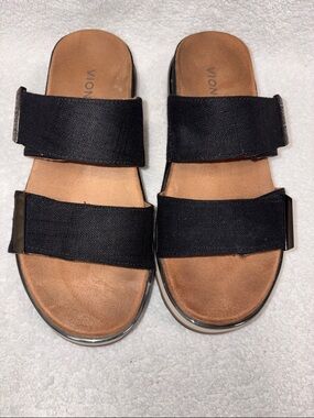 Vionic Brandie Black Double Strap Slide Sandals with Tan Footbed women’s 7